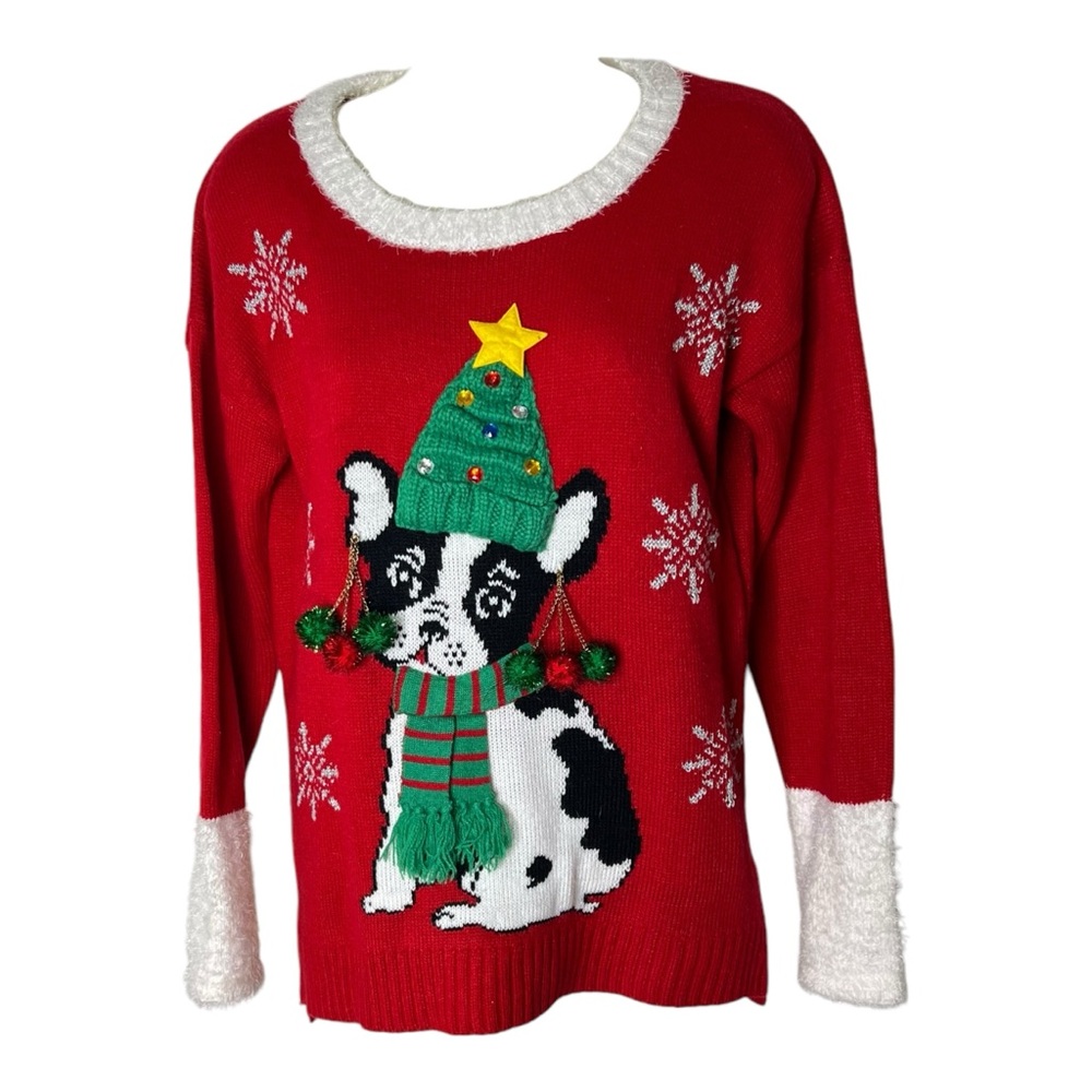 33 Degrees French Bulldog Ugly Christmas Sweater Embellished Frenchie Dog